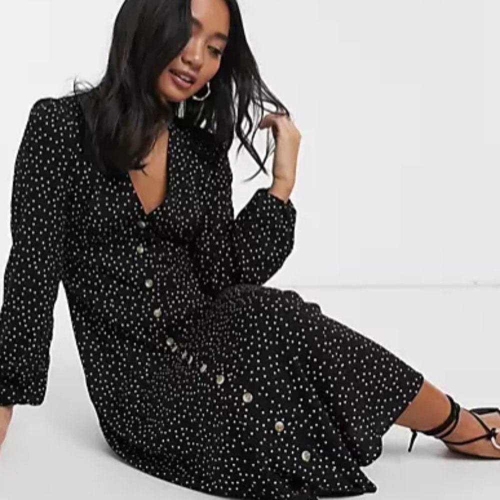 New Look Petite midi polka dot tea dress in black